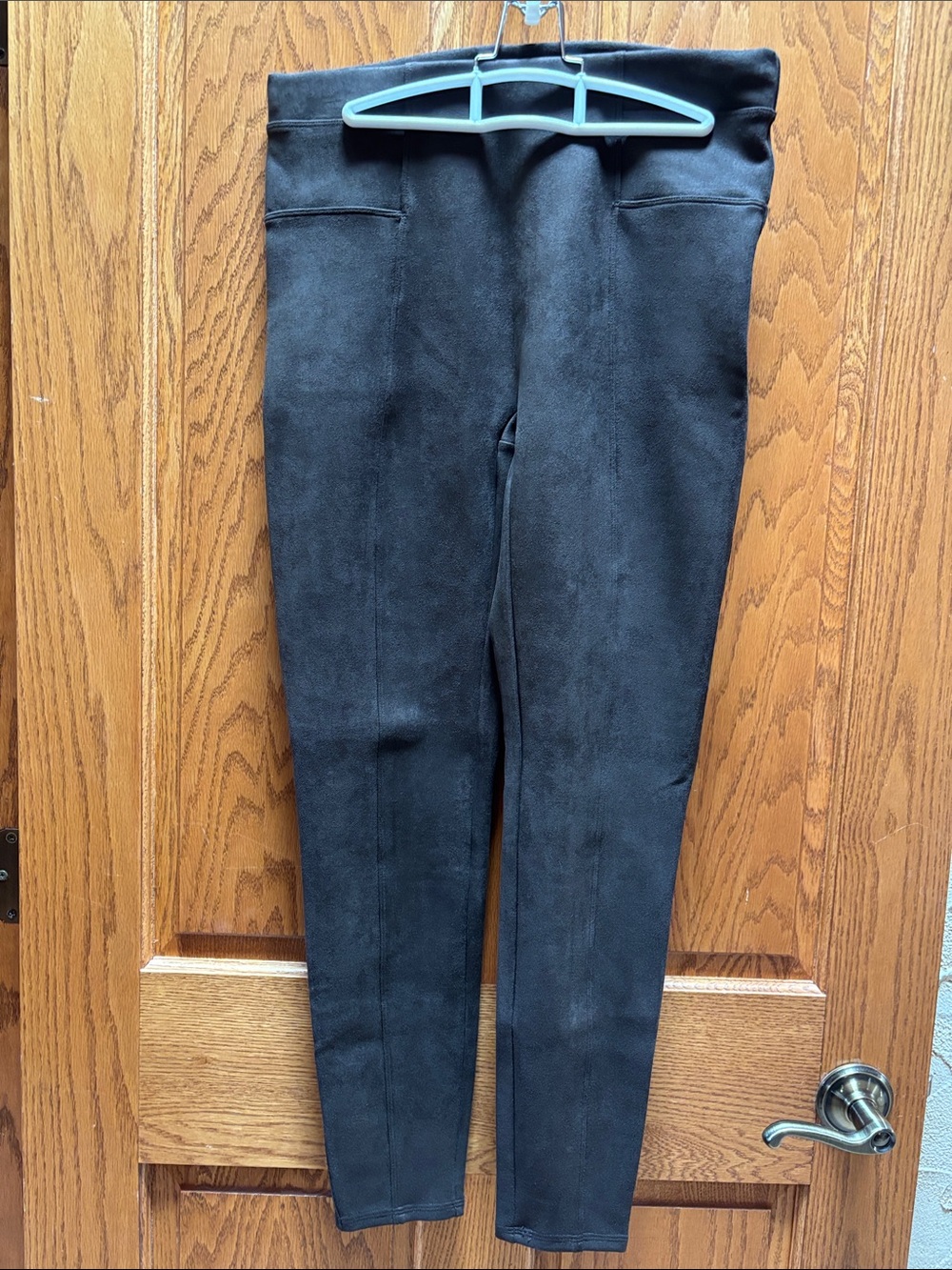 SPANX Brown Suede Leggings with Red Logo Tag